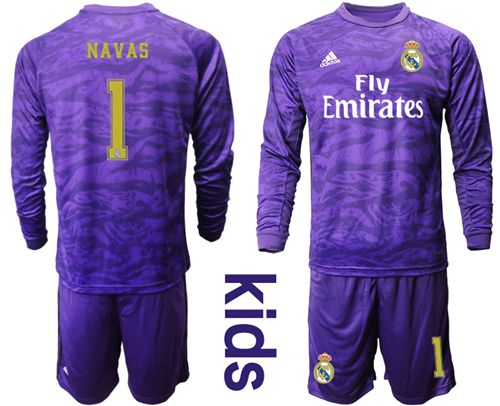 Real Madrid #1 Navas Purple Goalkeeper Long Sleeves Kid Soccer Club Jersey
